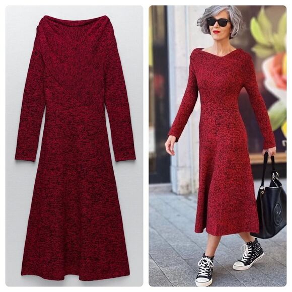 ZARA KNIT DRESS WITH RUCHED SHOULDER - Picture 1 of 11